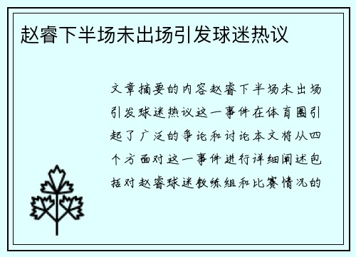 赵睿下半场未出场引发球迷热议